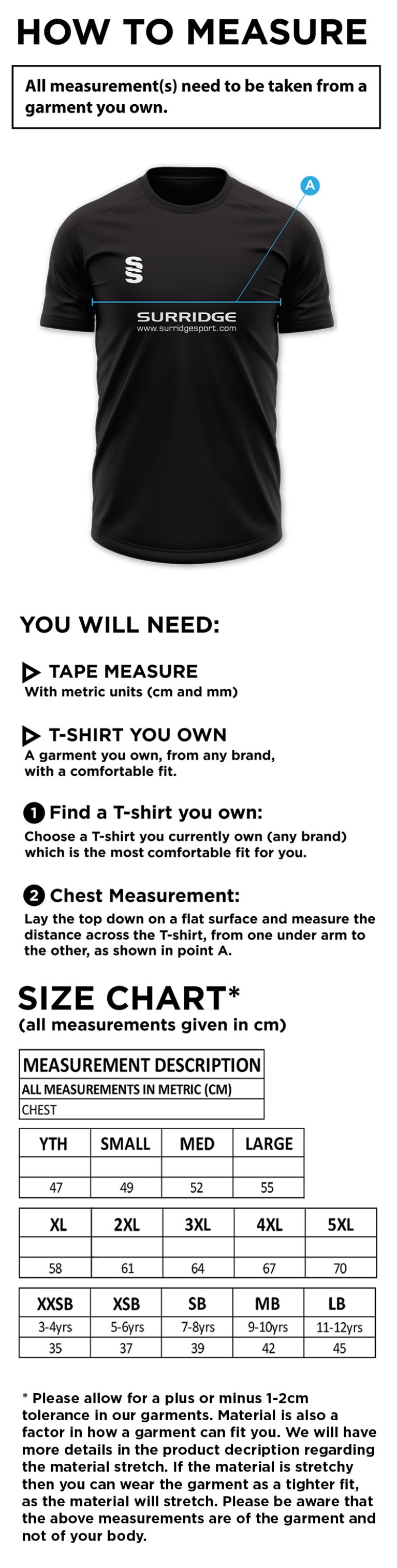 Wandsworthians Blade Training Tee - Size Guide