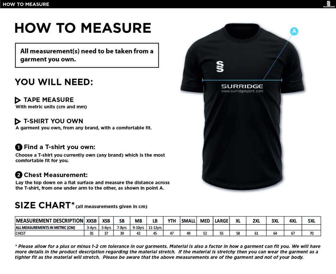 Wandsworthians Blade Training Tee - Size Guide