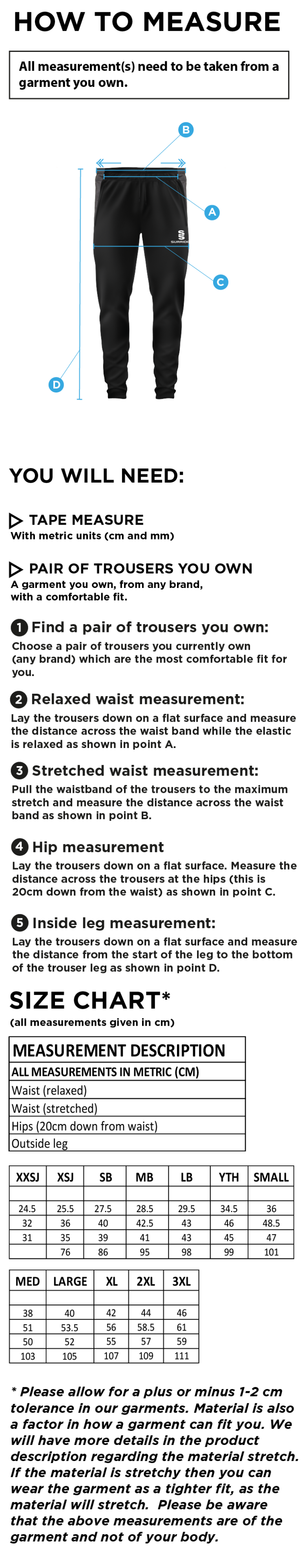 Wandsworthians Tek Training Pant - Size Guide