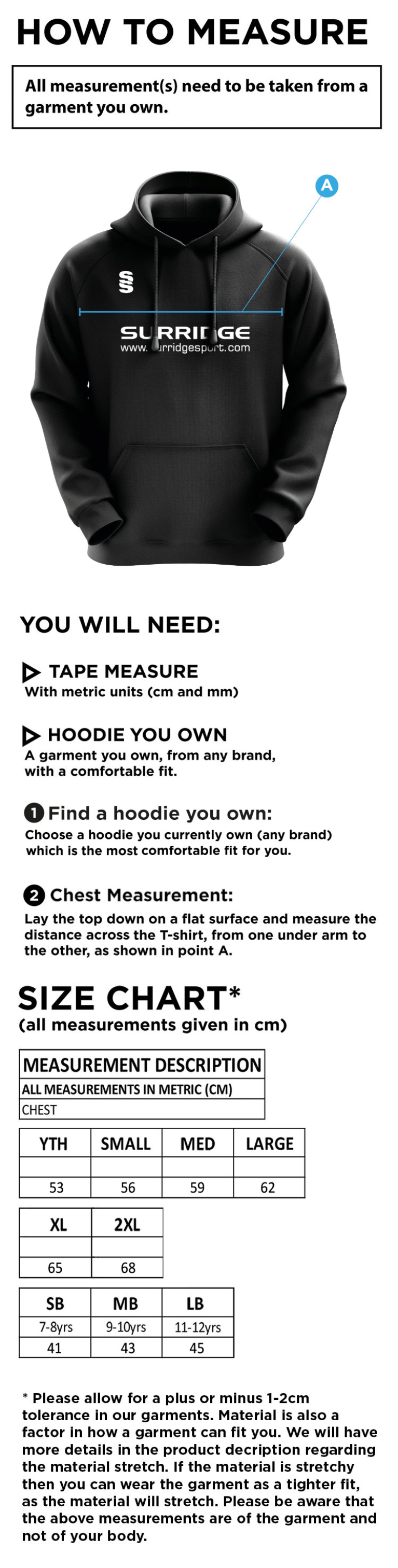 Wandsworthians Blade Hoody - Size Guide