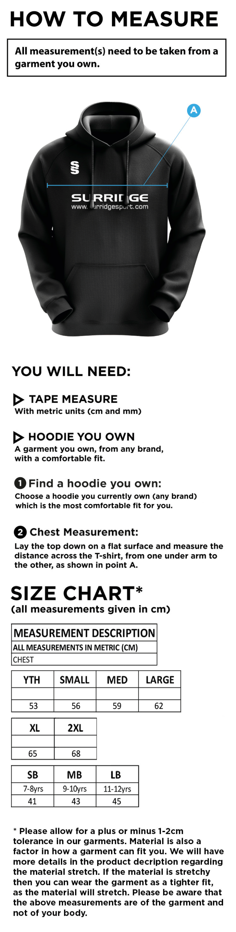 Wandsworthians Blade Hoody - Size Guide